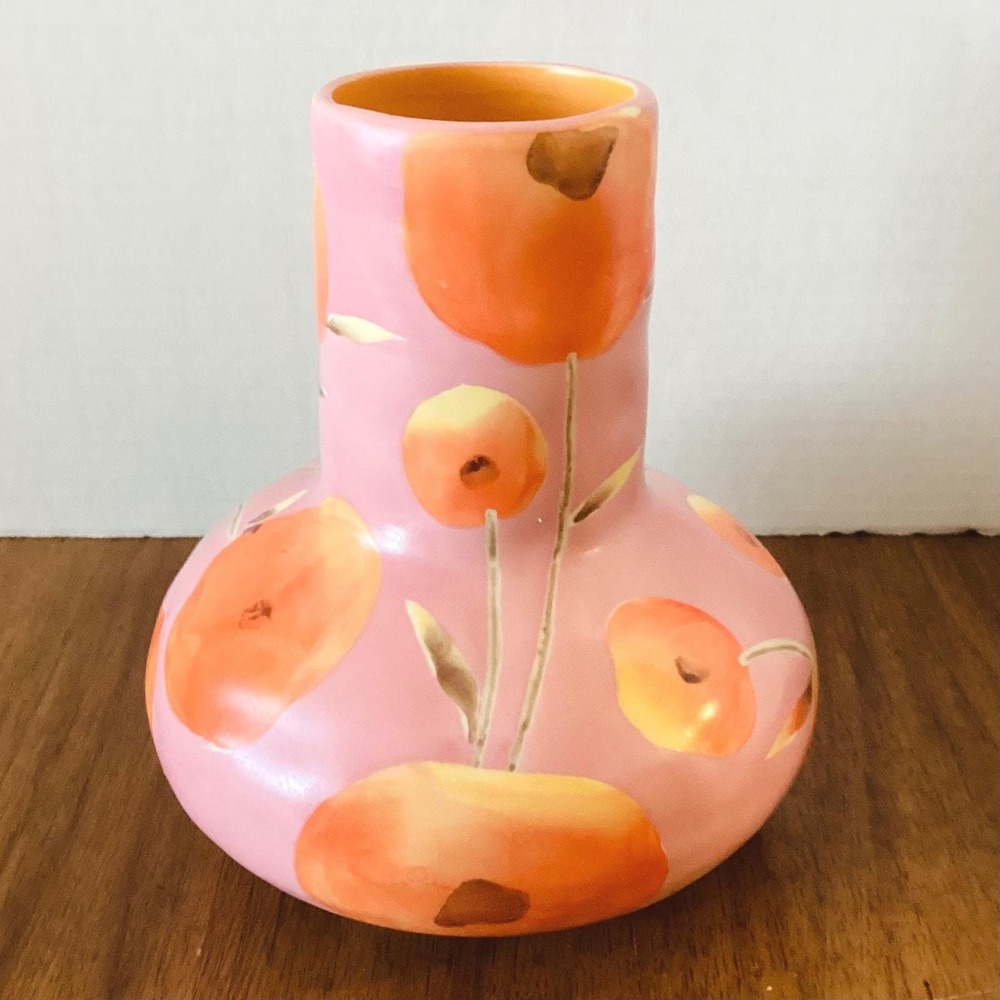 Anthropologie Benni Kenny A Sunday Painter Pink Floral Ceramic Vase Gold Accents - Picture 3 of 9